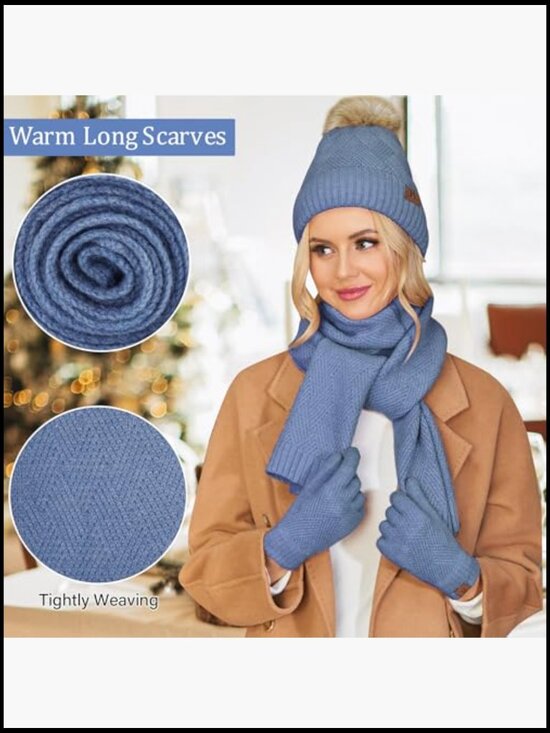 Winter Knit Beanie Scarf Gloves Set with Fleece Lining Touchscreen